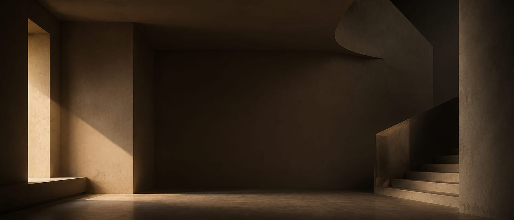 Espace architectural minimaliste baigné d’une lumière chaude